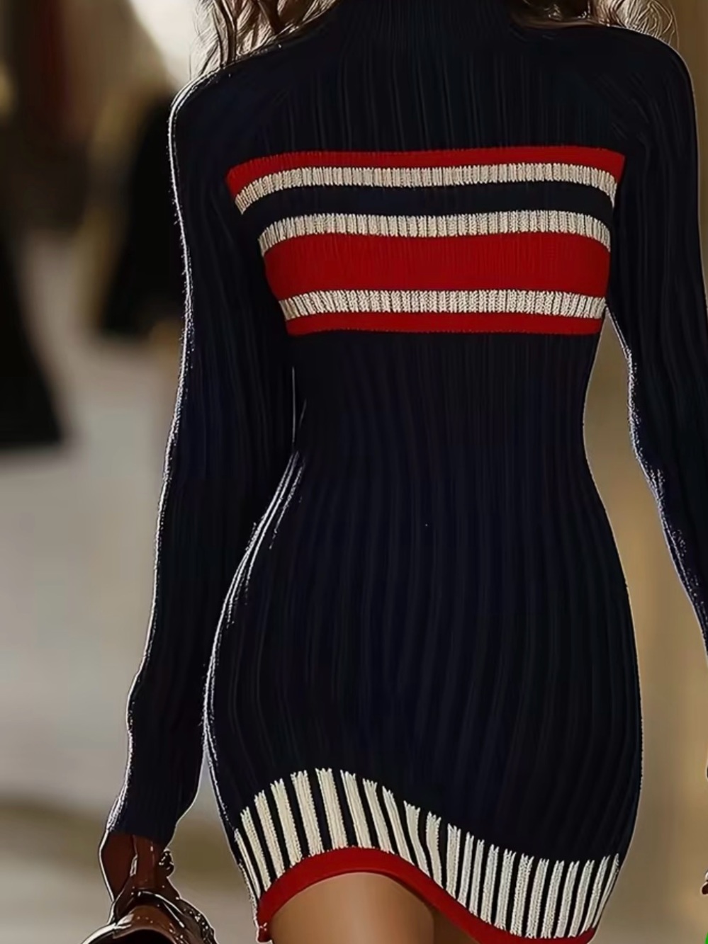 Ribbed Long-Sleeve Bodycon Dress in Navy with Red & White Stripes